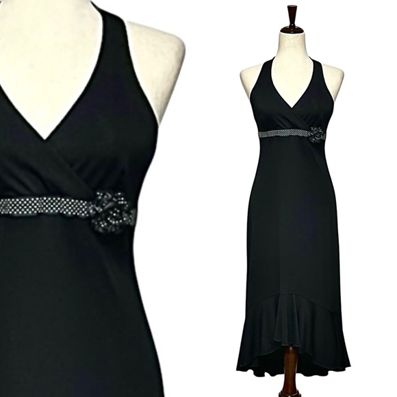 Vtg 90s City Triangles Black Halter Midi Dress Polka Dot Waist Flounce Hem L - Picture 1 of 11